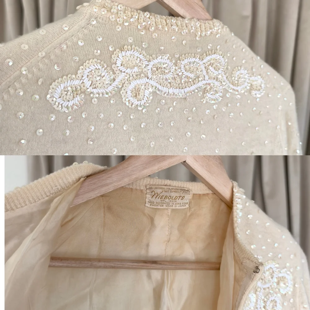 Vintage Wool and Rabbit Hair Cream Cardigan with Sequins Embellishments - Picture 7 of 8